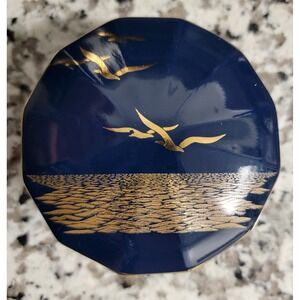 Otagiri Japan Seagulls Beach Ceramic Navy Gold Lidded Trinket Dish